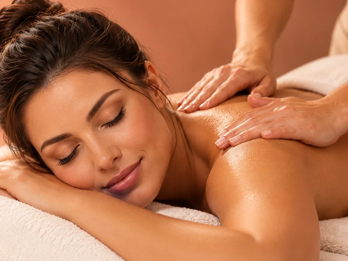 Cliente recebendo massagem relaxante; imagem ilustrativa do serviço, não da profissional