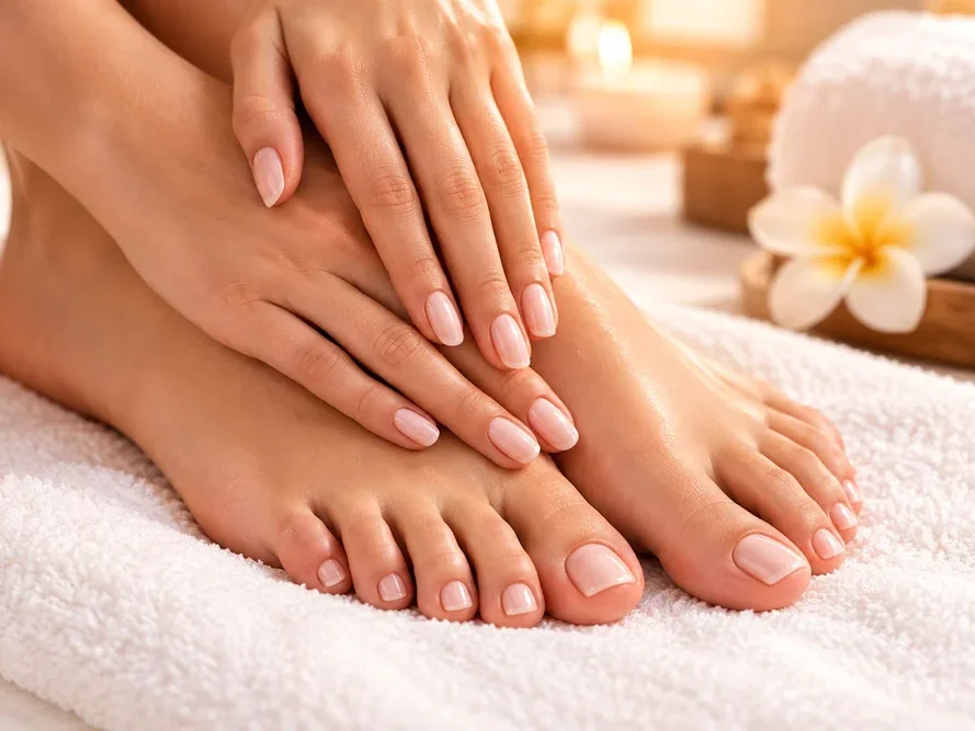 Imagem ilustrativa de mãos e pés com unhas cuidadas